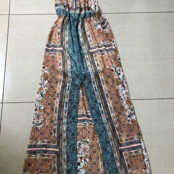 Zara boho tan blue print chiffon maxi dress Size S - Picture 11 of 15